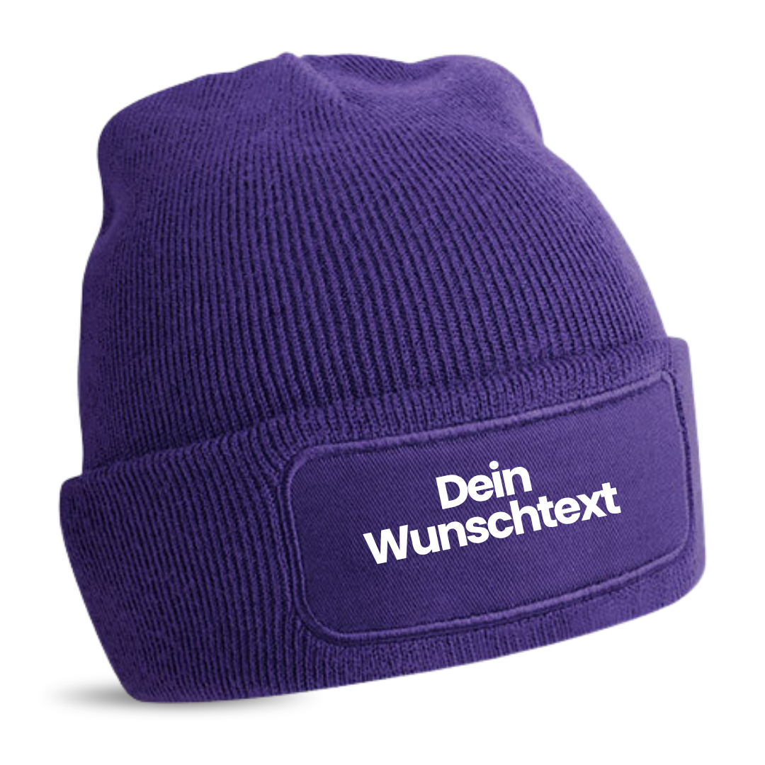 Mütze mit Patch, bedruckt mit Name oder Wunschtext, Beechfield Beanie, Winter, Strickmütze