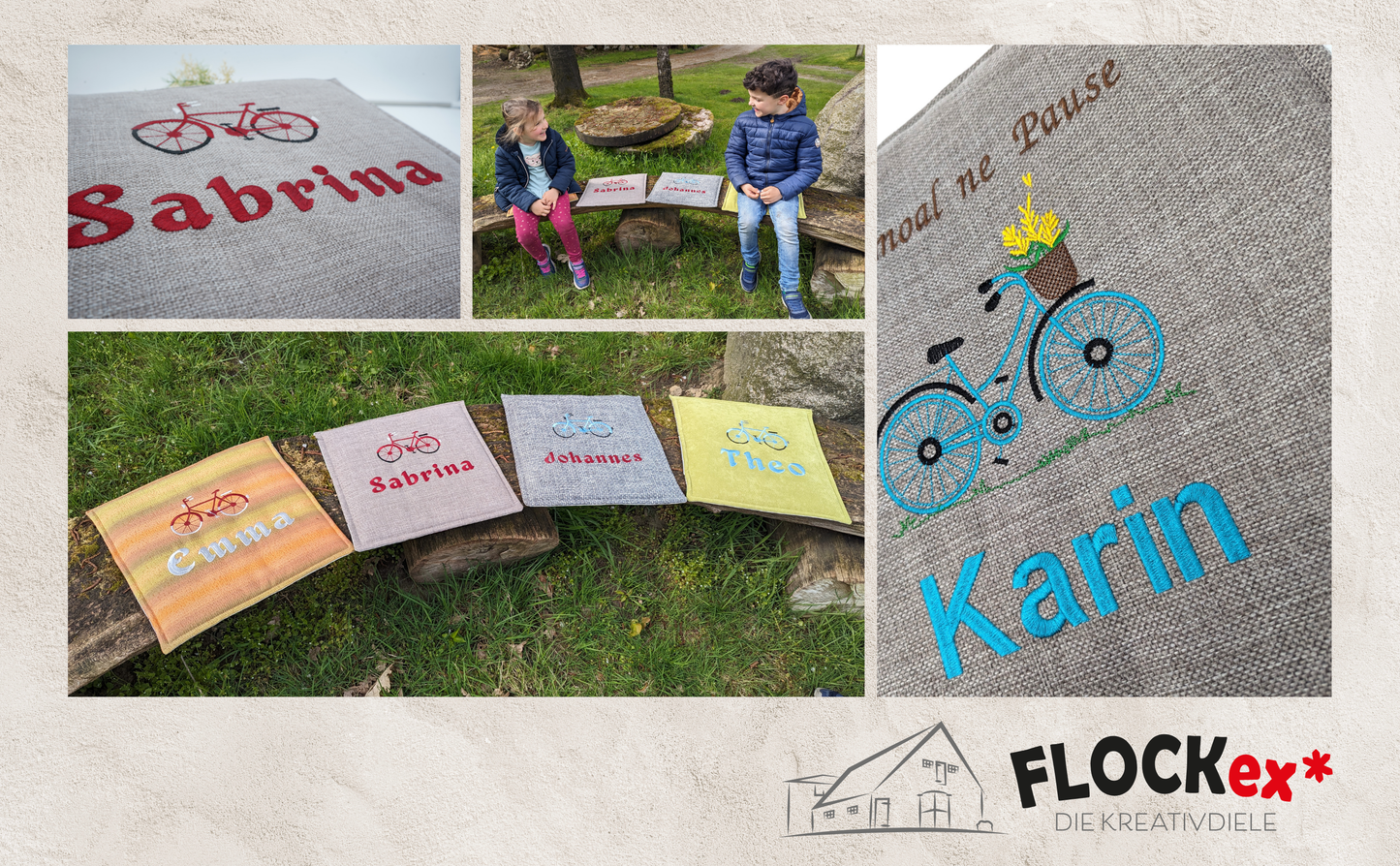 Fahrradkissen bestickt outdoor mit Wunschtext/-motiv