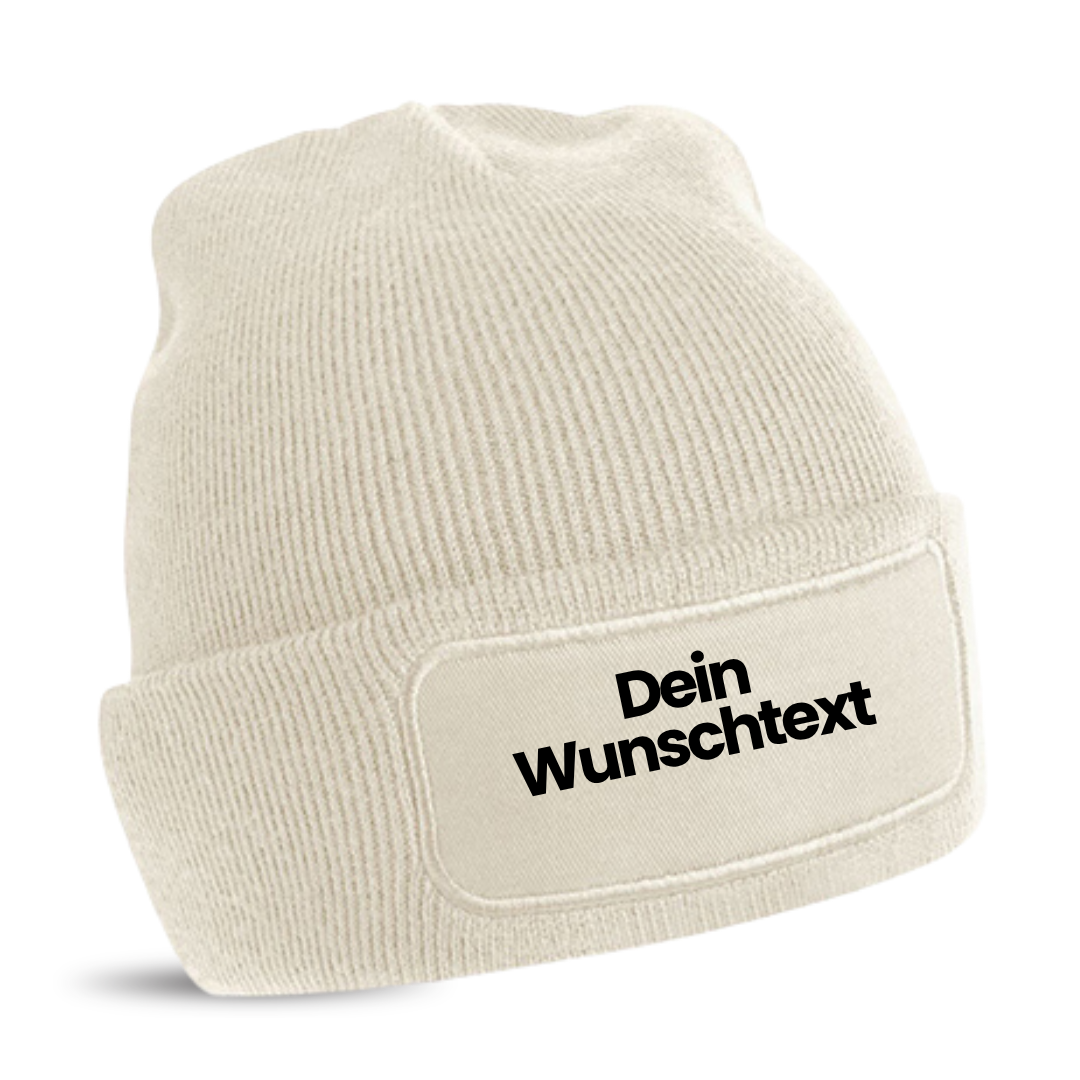 Mütze mit Patch, bedruckt mit Name oder Wunschtext, Beechfield Beanie, Winter, Strickmütze