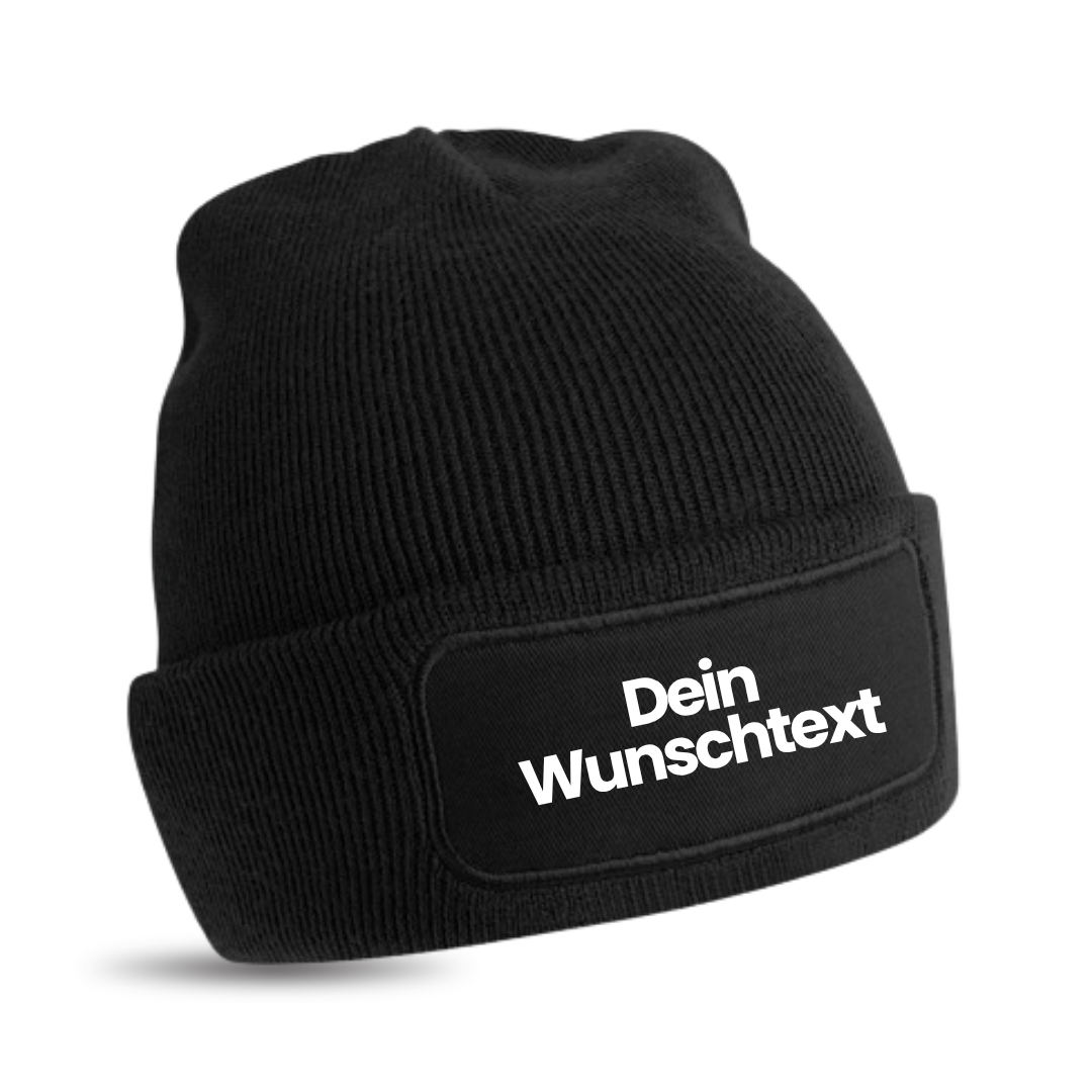 Mütze mit Patch, bedruckt mit Name oder Wunschtext, Beechfield Beanie, Winter, Strickmütze