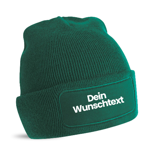 Mütze mit Patch, bedruckt mit Name oder Wunschtext, Beechfield Beanie, Winter, Strickmütze