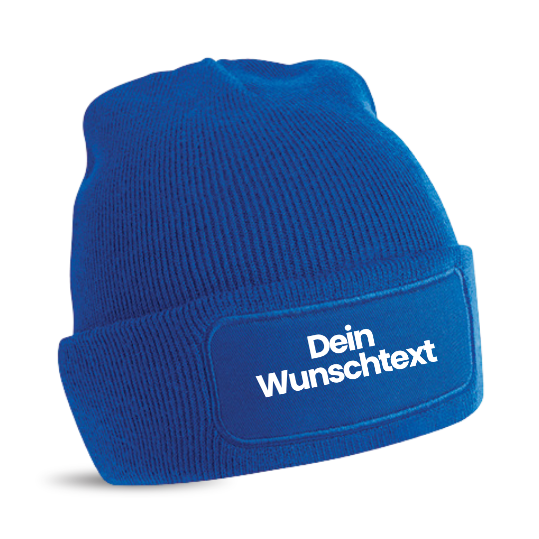 Mütze mit Patch, bedruckt mit Name oder Wunschtext, Beechfield Beanie, Winter, Strickmütze