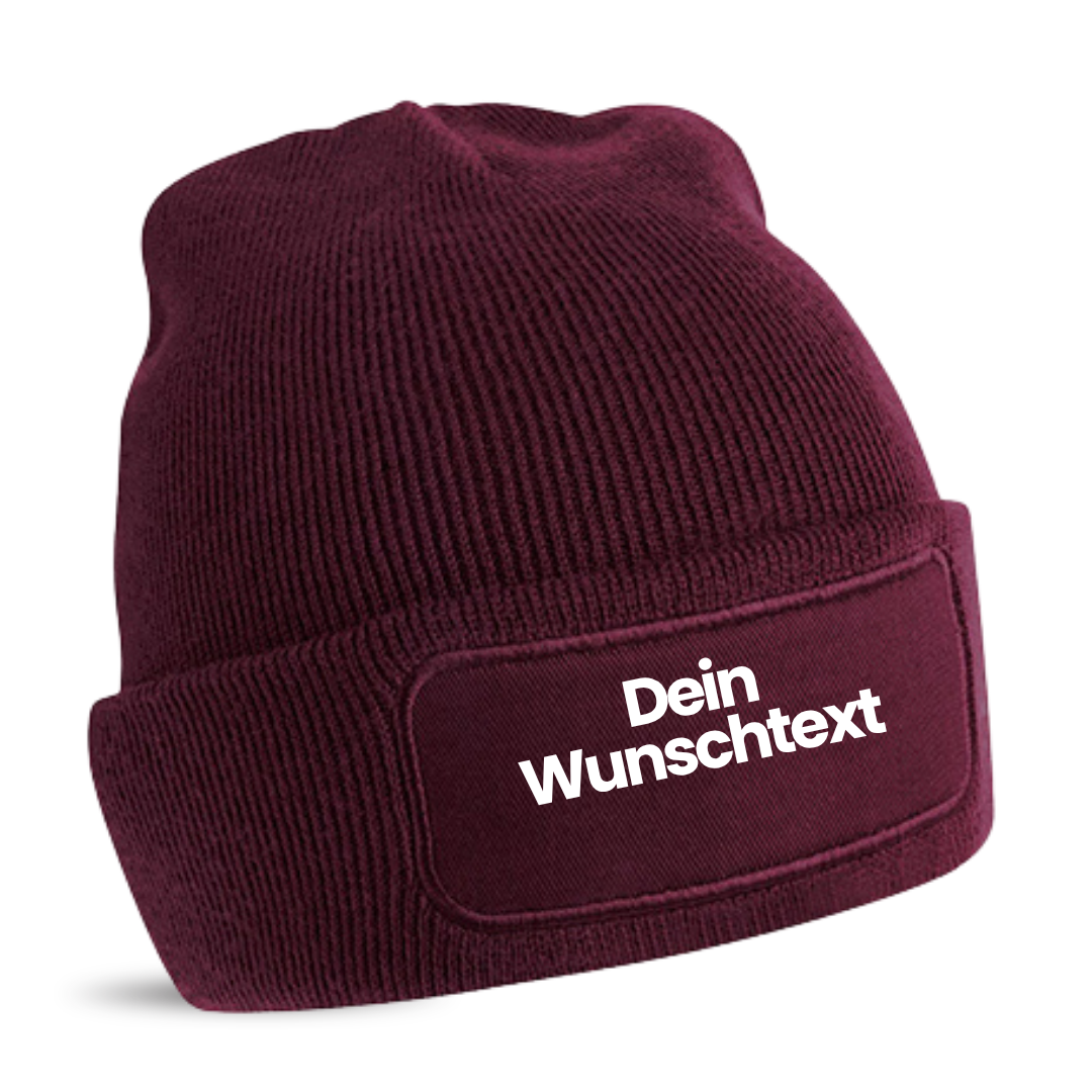 Mütze mit Patch, bedruckt mit Name oder Wunschtext, Beechfield Beanie, Winter, Strickmütze