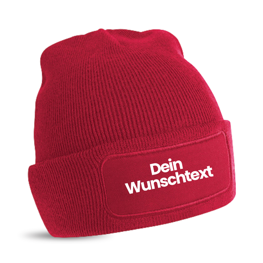Mütze mit Patch, bedruckt mit Name oder Wunschtext, Beechfield Beanie, Winter, Strickmütze