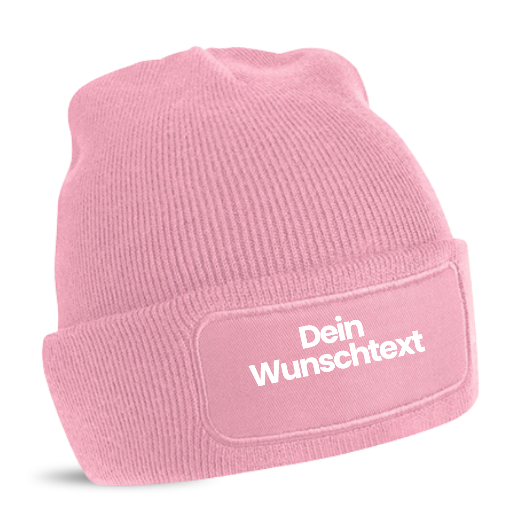 Mütze mit Patch, bedruckt mit Name oder Wunschtext, Beechfield Beanie, Winter, Strickmütze