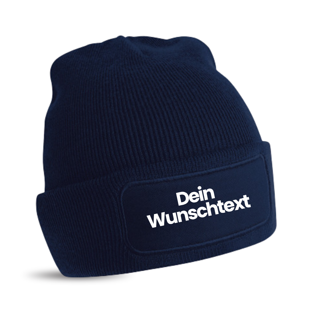 Mütze mit Patch, bedruckt mit Name oder Wunschtext, Beechfield Beanie, Winter, Strickmütze