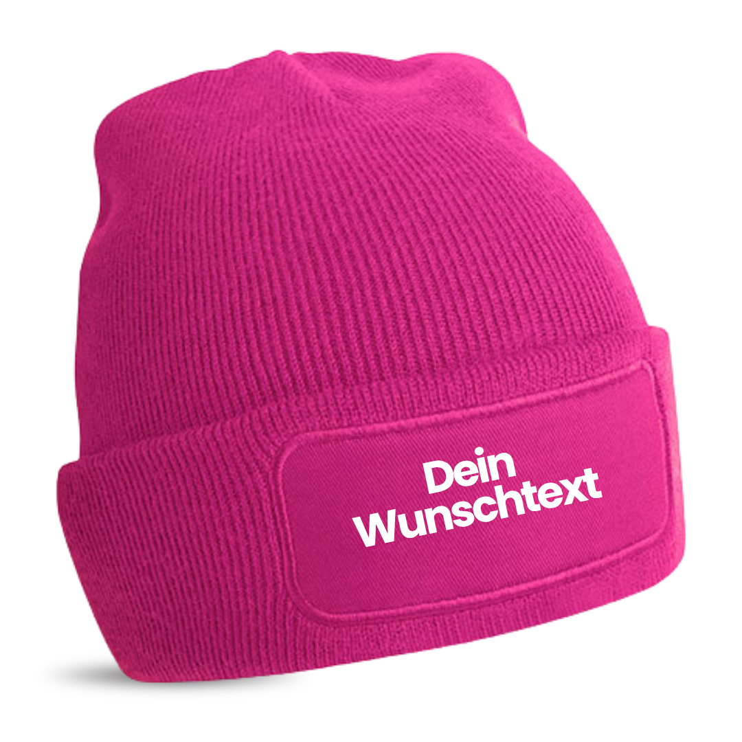 Mütze mit Patch, bedruckt mit Name oder Wunschtext, Beechfield Beanie, Winter, Strickmütze