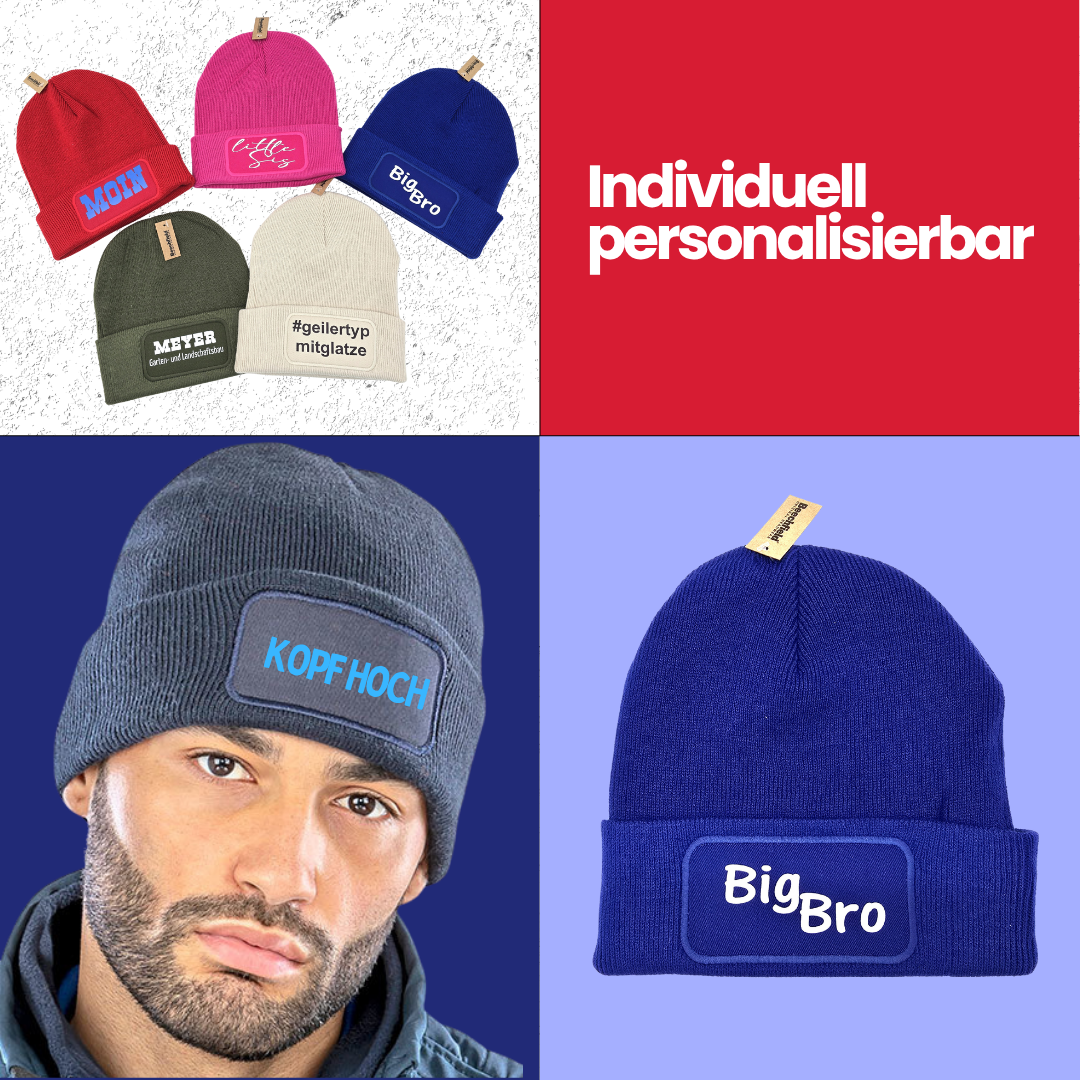 Mütze mit Patch, bedruckt mit Name oder Wunschtext, Beechfield Beanie, Winter, Strickmütze