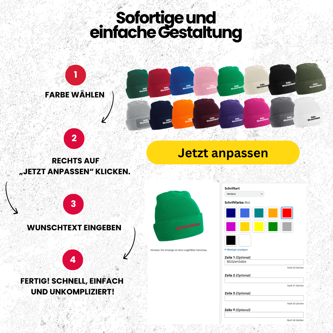 Mütze mit Patch, bedruckt mit Name oder Wunschtext, Beechfield Beanie, Winter, Strickmütze