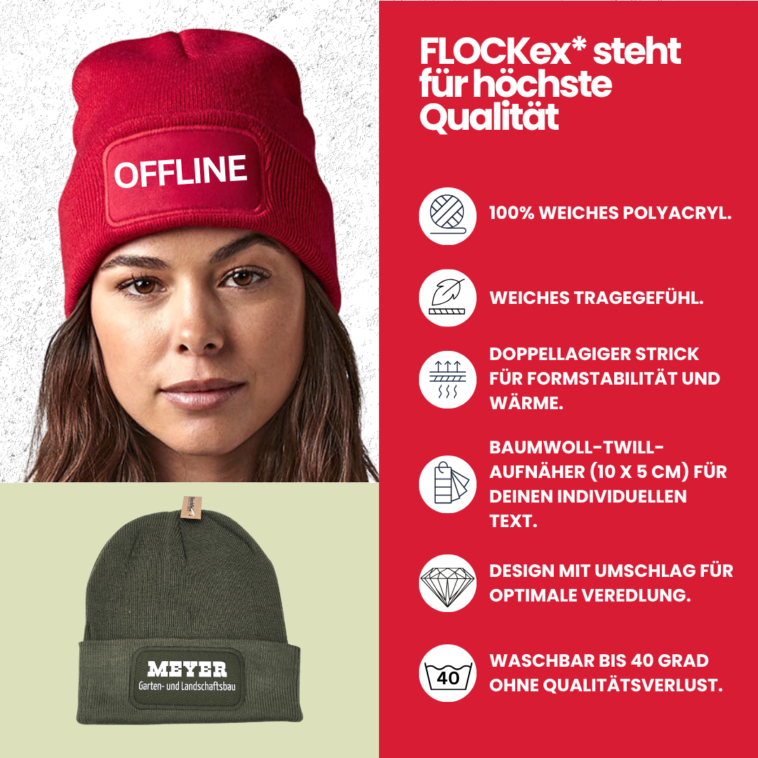 Mütze mit Patch, bedruckt mit Name oder Wunschtext, Beechfield Beanie, Winter, Strickmütze