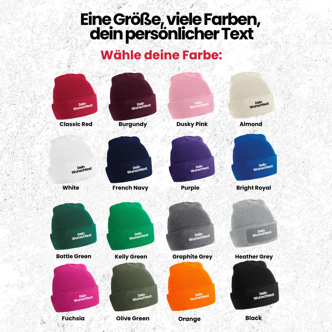 Mütze mit Patch, bedruckt mit Name oder Wunschtext, Beechfield Beanie, Winter, Strickmütze