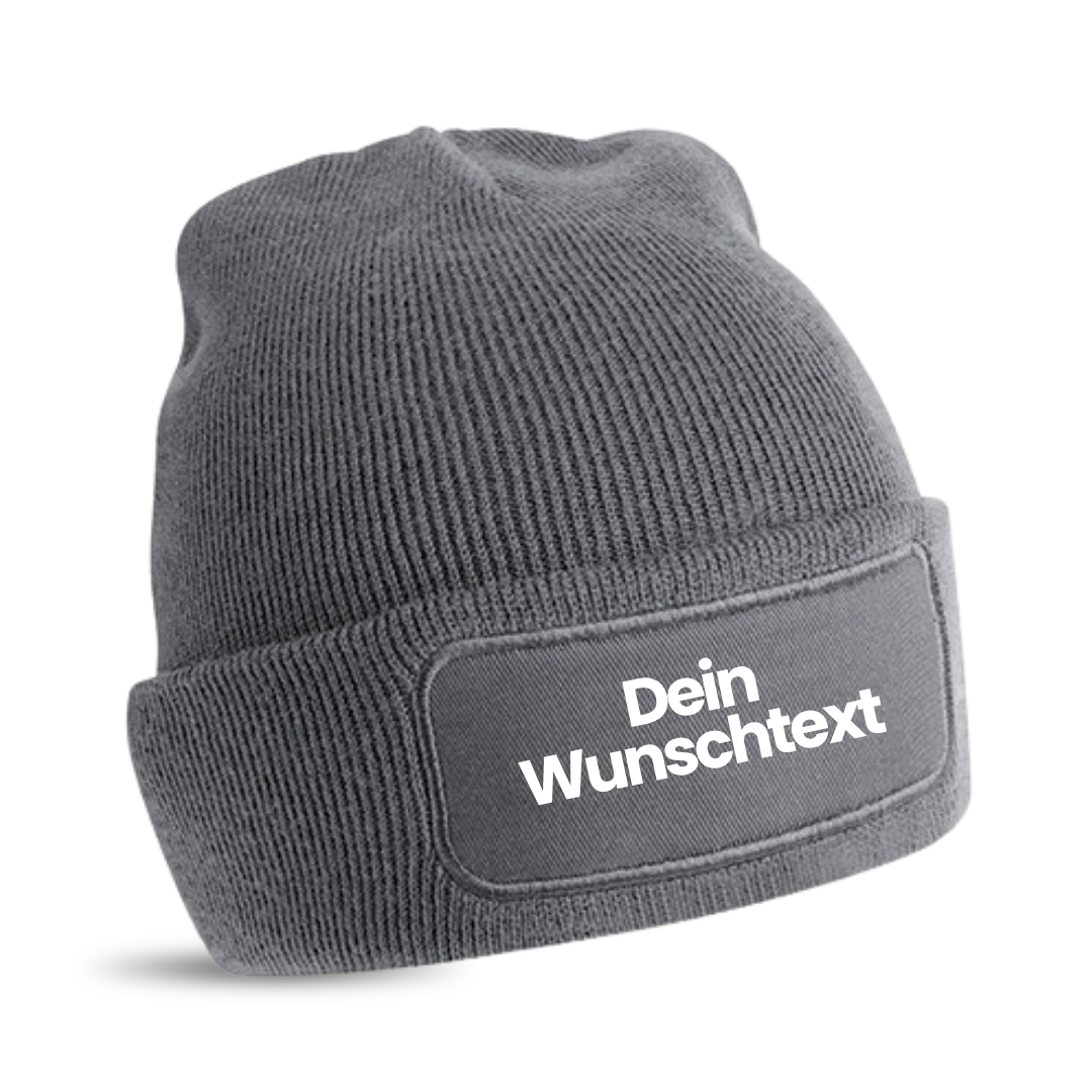 Mütze mit Patch, bedruckt mit Name oder Wunschtext, Beechfield Beanie, Winter, Strickmütze