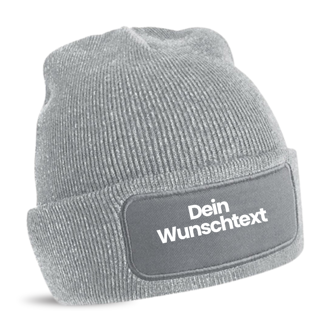 Mütze mit Patch, bedruckt mit Name oder Wunschtext, Beechfield Beanie, Winter, Strickmütze