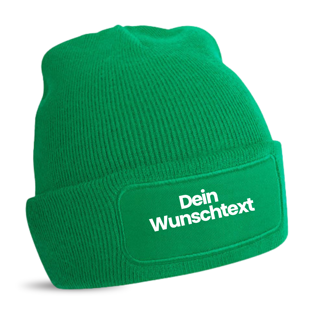 Mütze mit Patch, bedruckt mit Name oder Wunschtext, Beechfield Beanie, Winter, Strickmütze