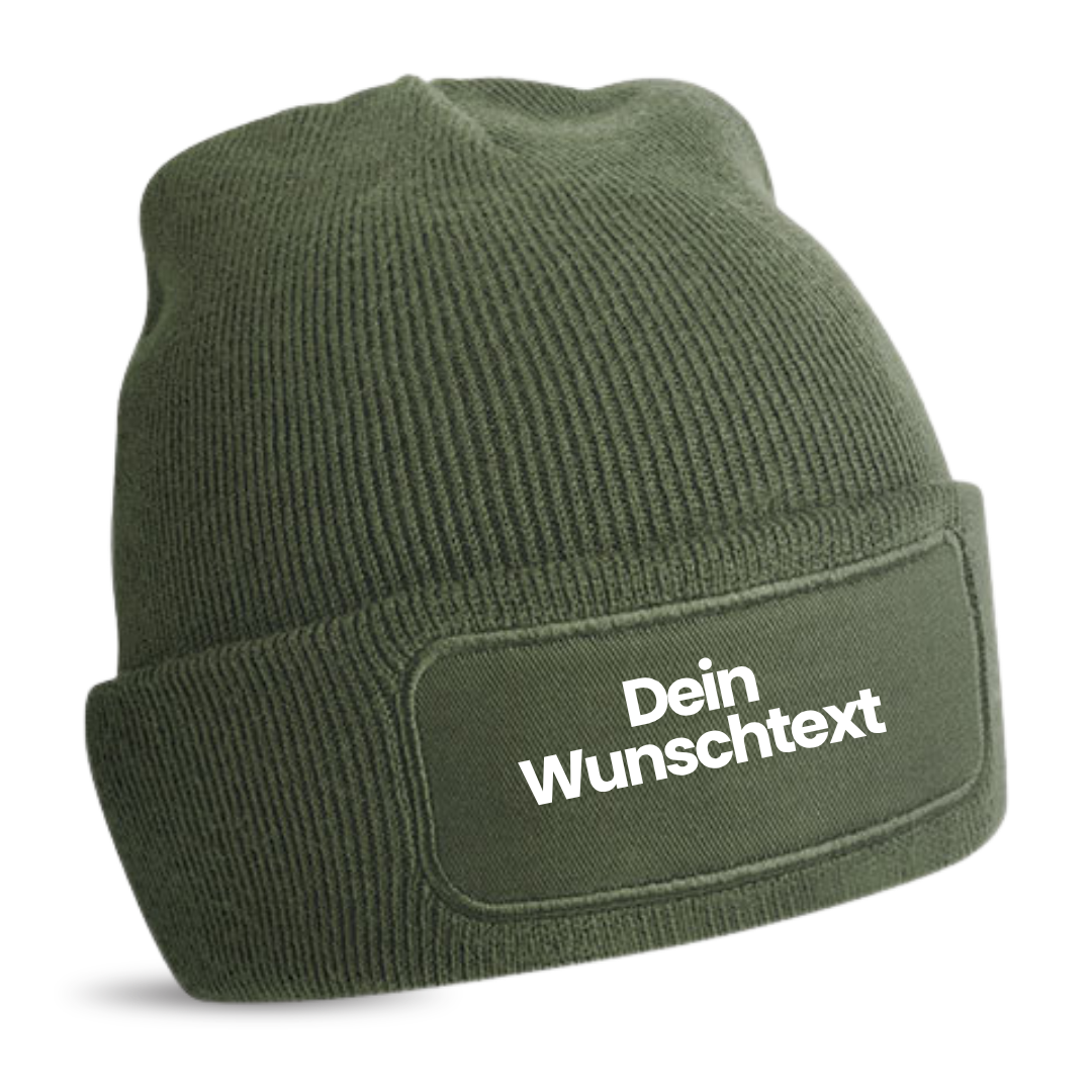 Mütze mit Patch, bedruckt mit Name oder Wunschtext, Beechfield Beanie, Winter, Strickmütze