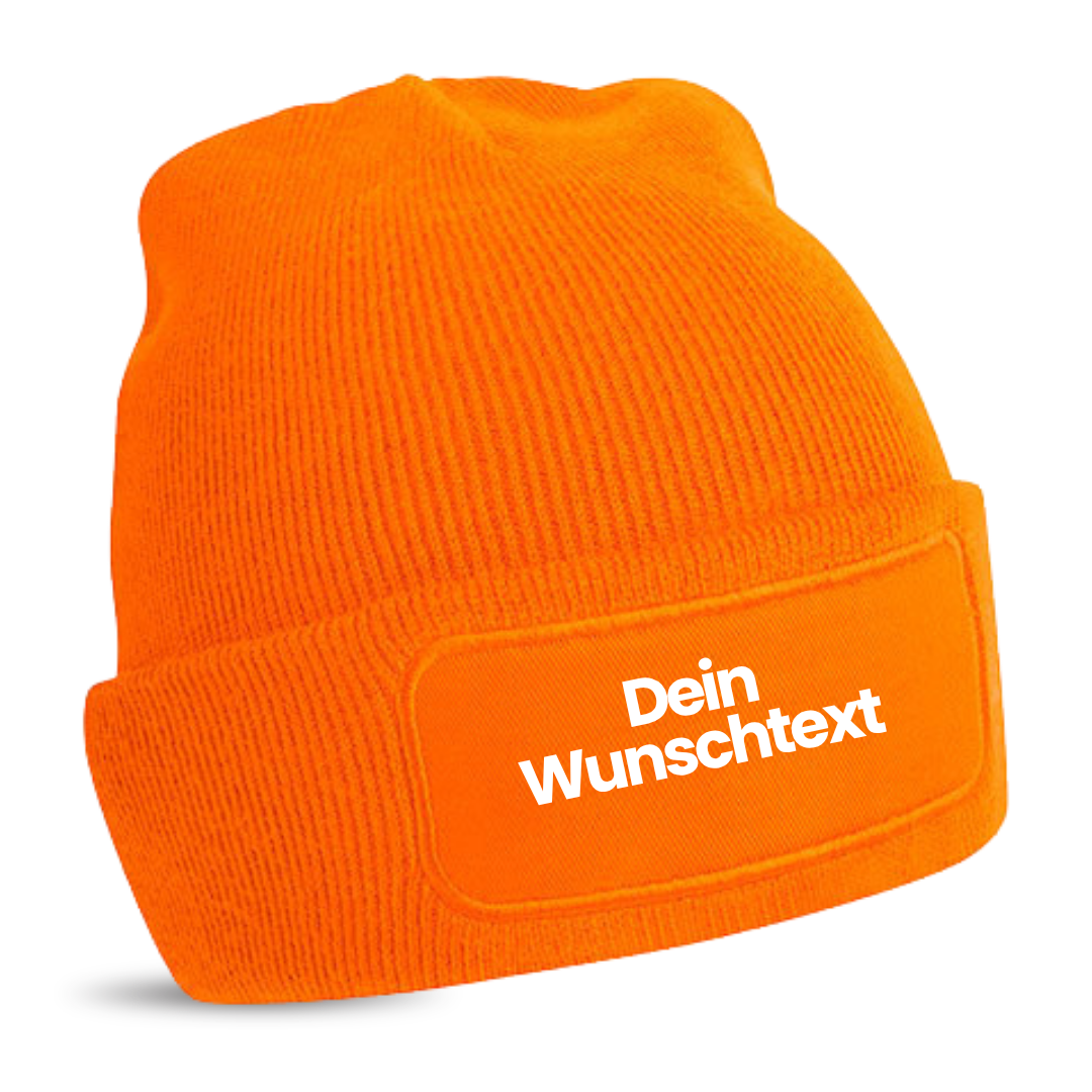 Mütze mit Patch, bedruckt mit Name oder Wunschtext, Beechfield Beanie, Winter, Strickmütze