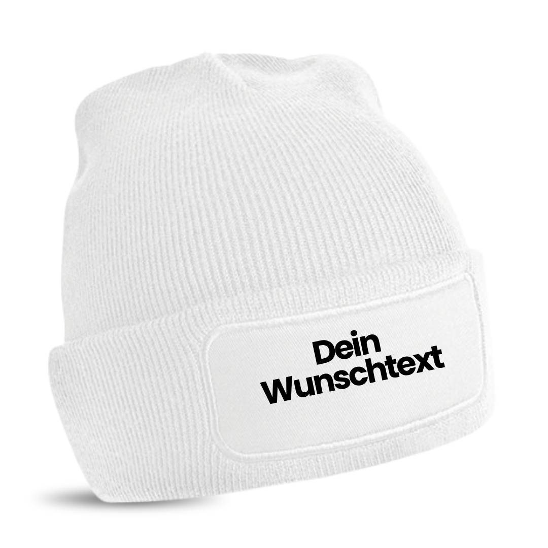 Mütze mit Patch, bedruckt mit Name oder Wunschtext, Beechfield Beanie, Winter, Strickmütze